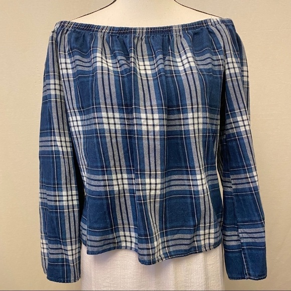 Cloth & Stone Flannel Off-The-Shoulder Tunic Top Blue Plaid Size Large Boxy - Picture 2 of 8